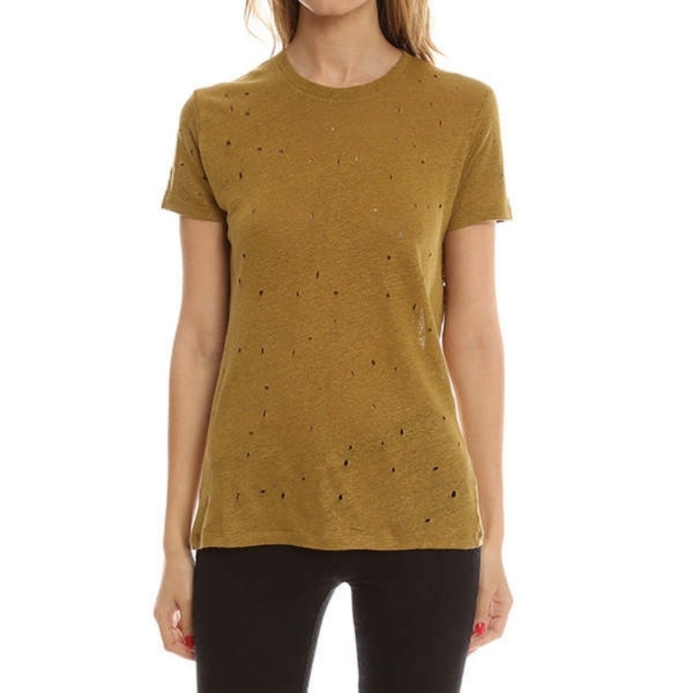 IRO Clay Distressed Tee shirt in Olive  Night 100% Linen mustard yellow SP